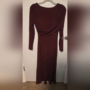 OGL Long Sleeve Draped Midi Dress in Deep Burgundy